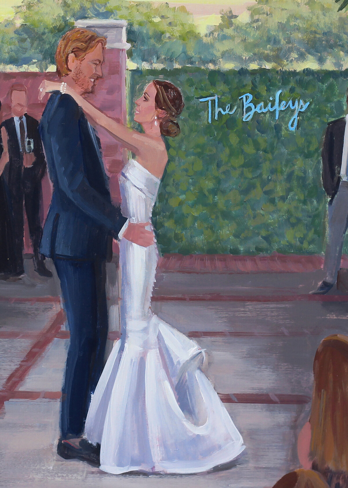 Ben Keys, a Charleston Live Wedding Painter, captures first dance at The Gadsden House.  The couple are surrounded by their wedding guests with the beautiful Charleston venue in the backdrop of the painting.