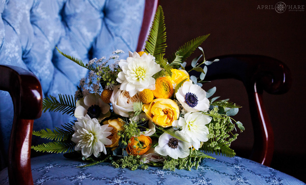 Bridal bouquet with blue and yellow at Hotel Boulderado
