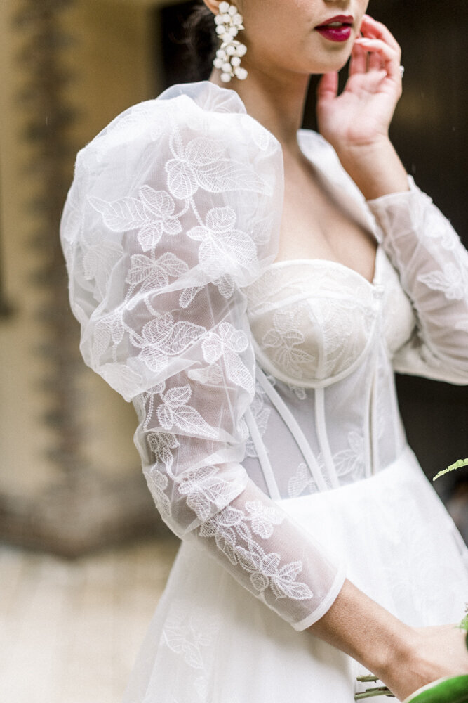close up of white wedding dress with puffy sleeves