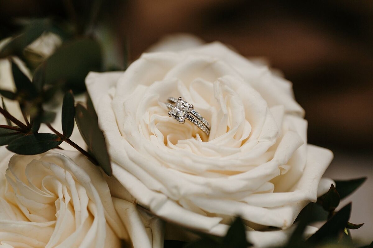 Engagement Ring on White Rose at Club Lake Plantation in Apopka, FL