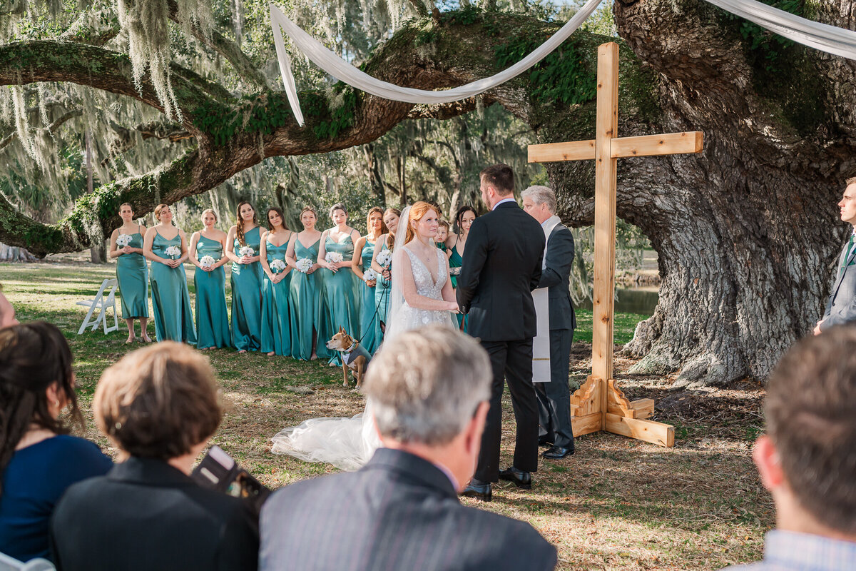 A wedding ceremony under Spanish moss trees in South Carolina by JoLynn Photography, a Raleigh wedding photographer