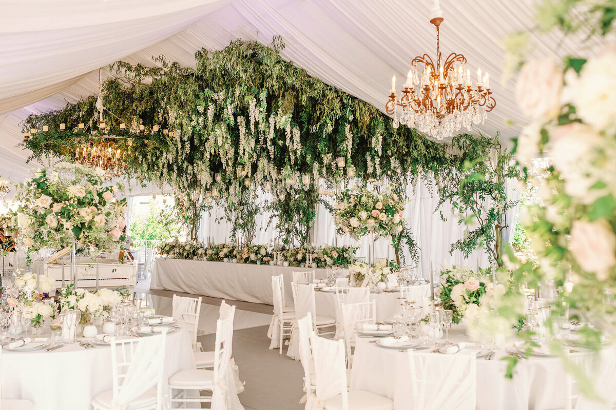 detail photograph of a marquee with stunning flowers at a destination wedding