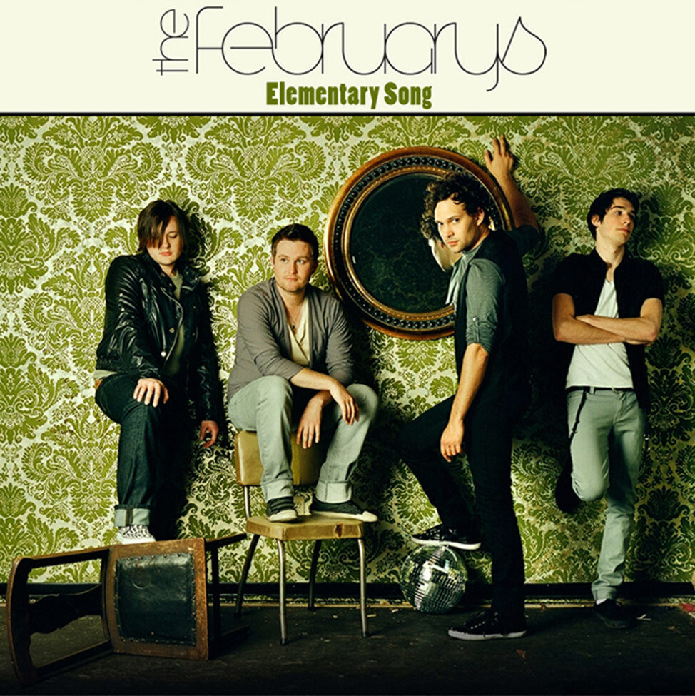 Single Cover entitled Elementary Song Band The Februarys four members standing against green ornate wallpapered wall with round mirror hanging on it