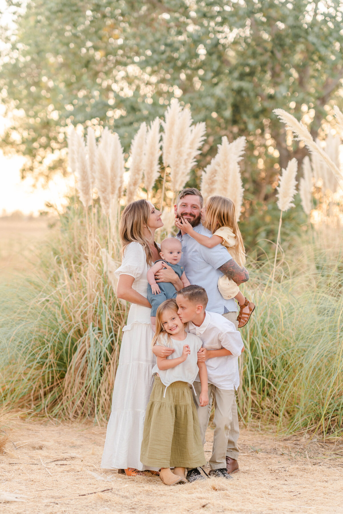 A family session photographed by Bay Area Photographer, Light Livin Photography shows a family standing together in a field of pampas grass.