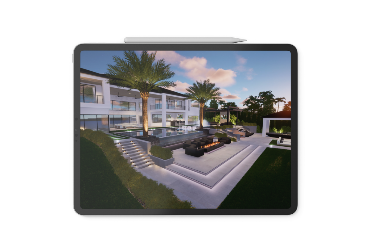 Ipad with photo rendering of a luxury waterfront backyard design.
