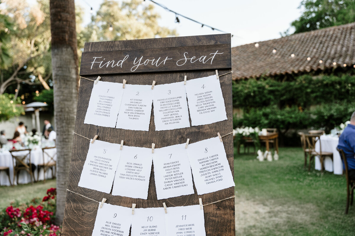 Wooden seating chart display with name cards attached, wooden panel is for rent in the Bay Area