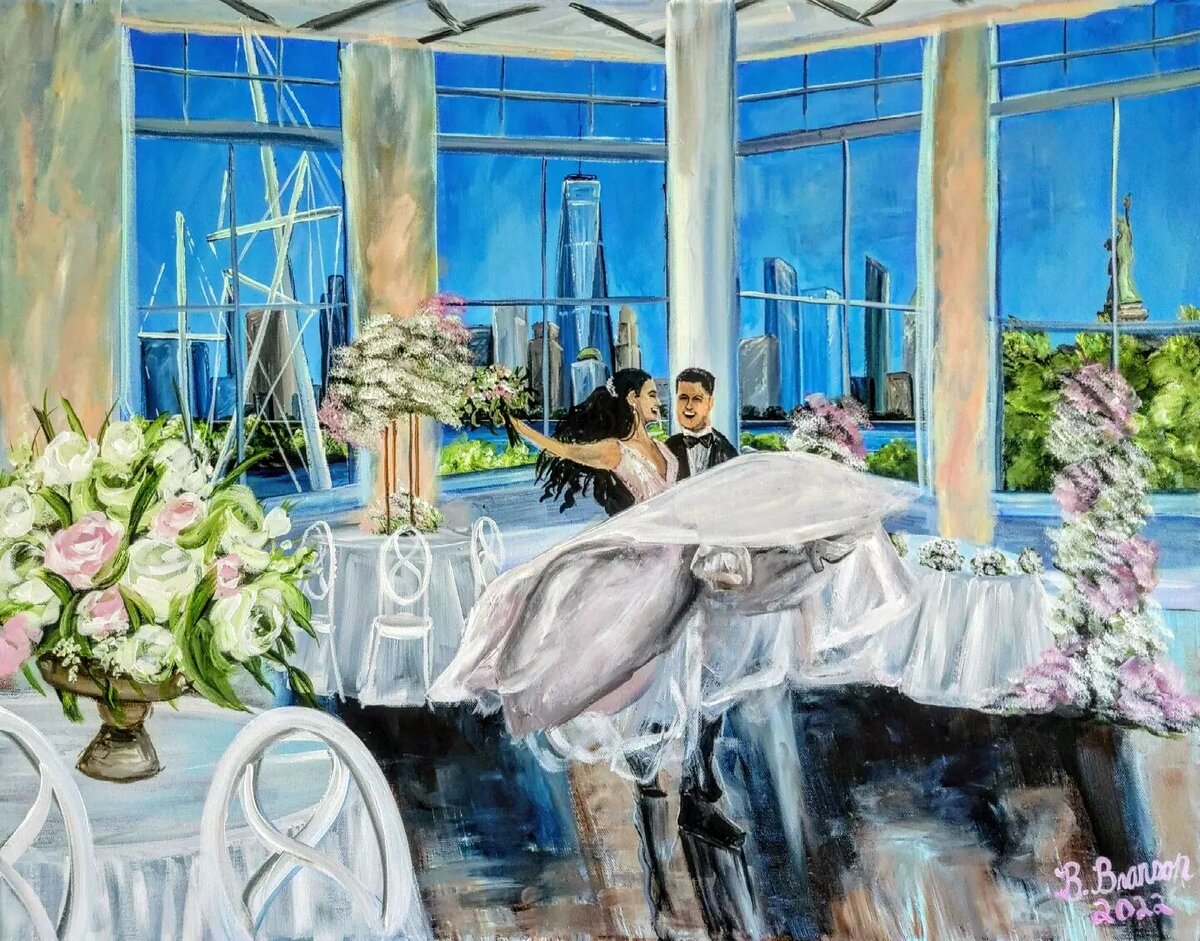 First dance lift live wedding painting in Jersey City. Groom in tuxedo lifts and spins bride in princess wedding gown.