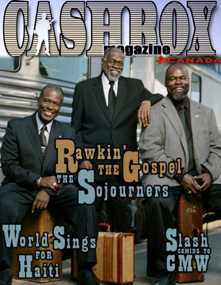Magazine Cover Publication Cashrox featuring band The Sojourners three members in front of train two seated on suitcases one standing in between resting elbow band mate shoulder