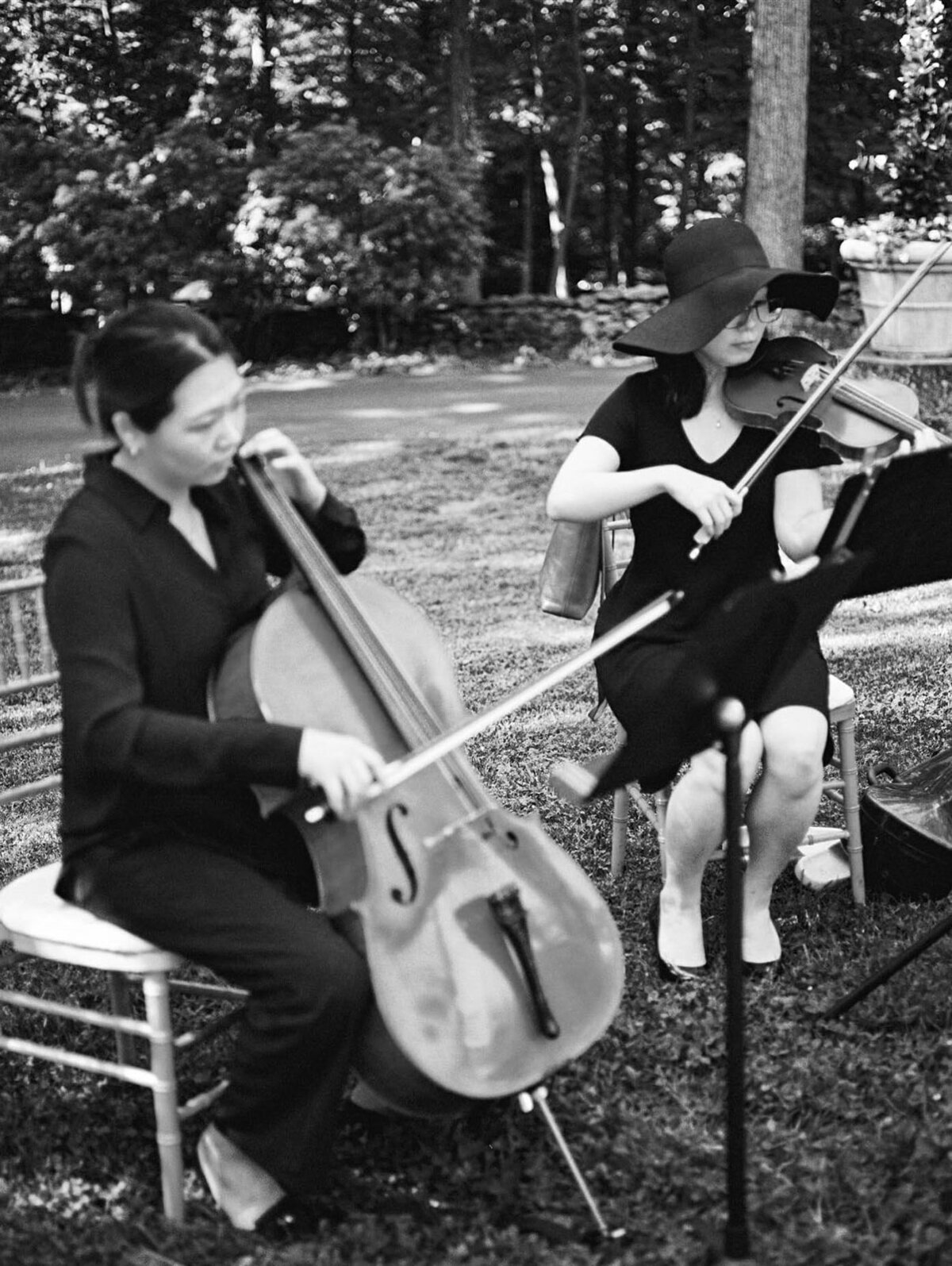 Black and white image of musicians during the ceremony time.