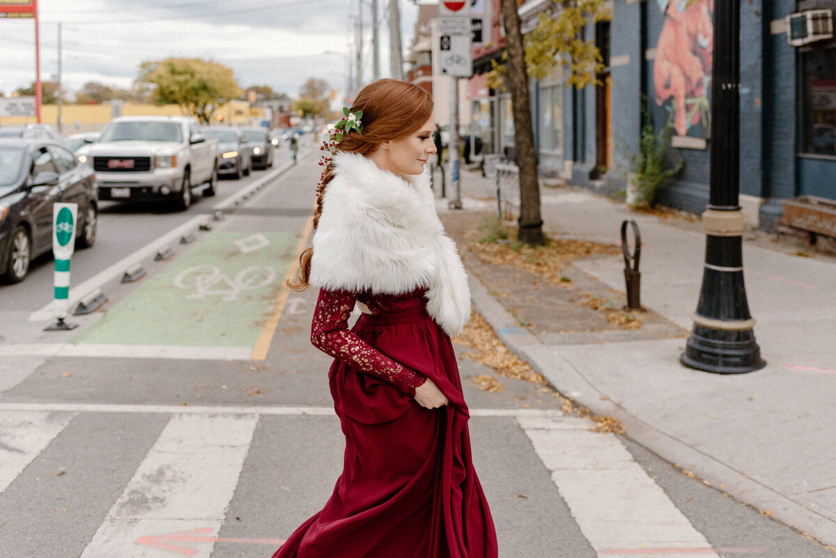 bride walks down busy hamilton street