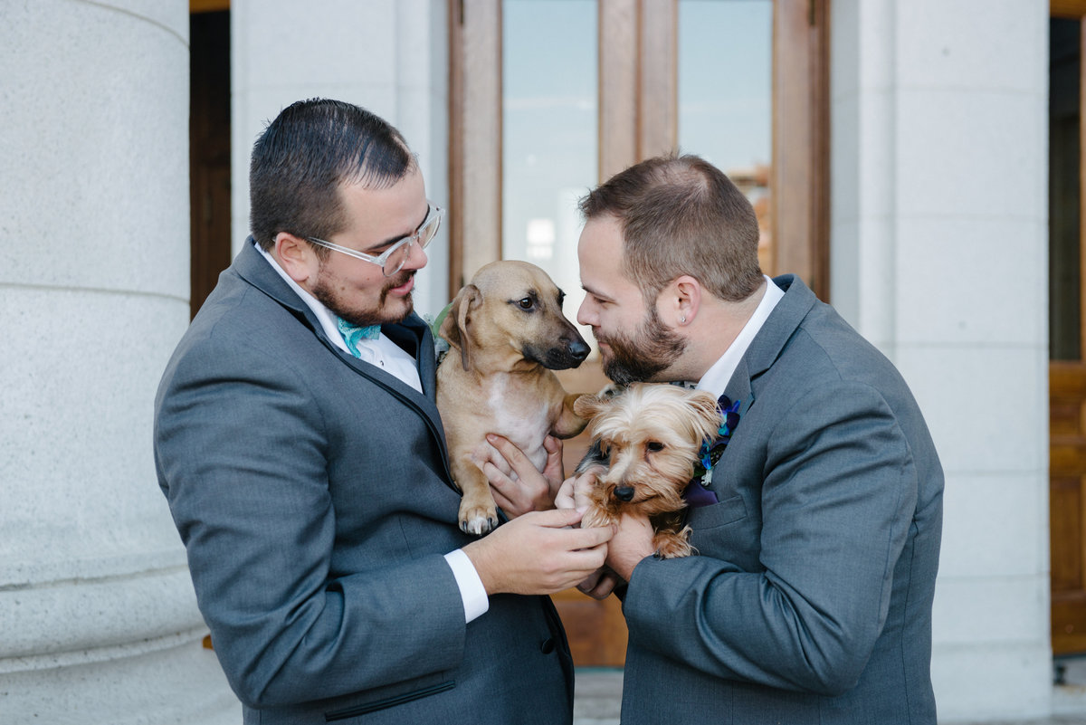 two grooms with dogs