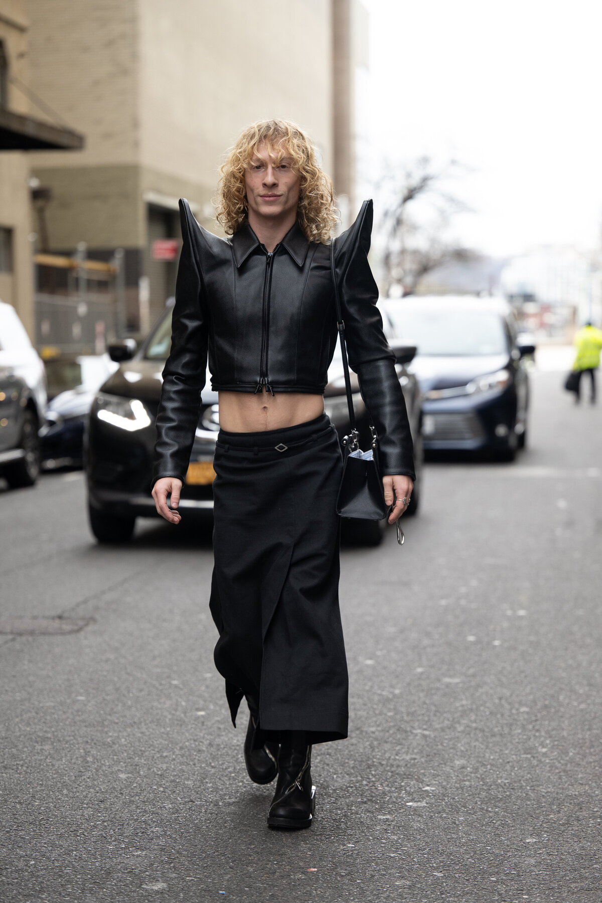 nyfw guest dressed in black leather