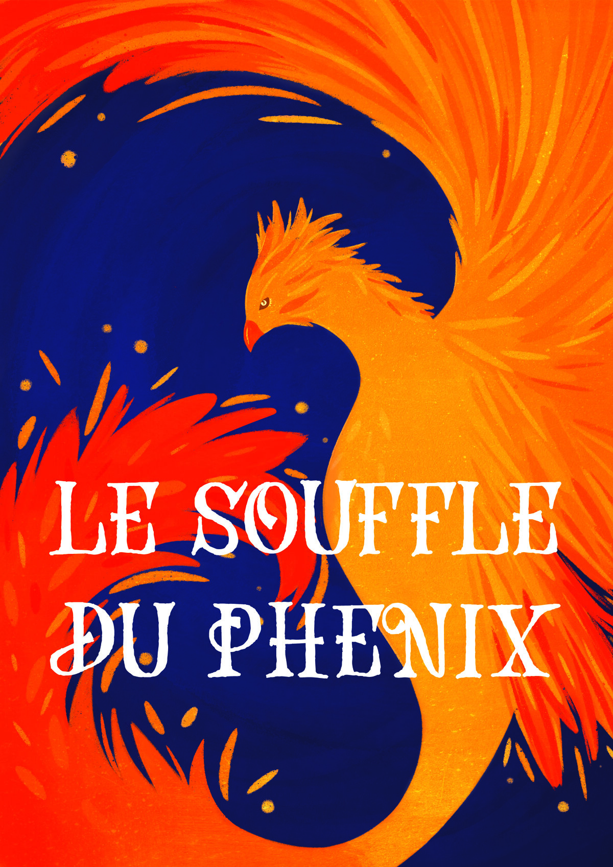 Réalisation finale de l'llustration du roman Le Souffle Du Phénix. l'illustration représentant un phénix aux couleurs flamboyante sur un fond bleu foncé