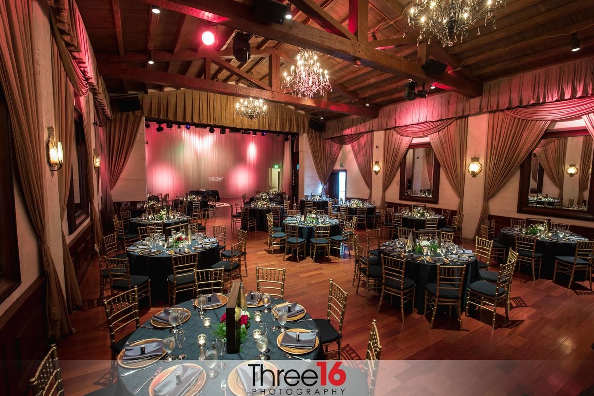 Wedding reception room setup at the Padua Hills Theater in Claremont, CA