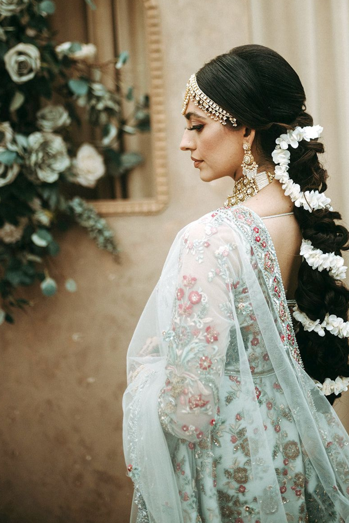 sikh-wedding-ceremony-bride-blue-pink-sharara-braids-flowers