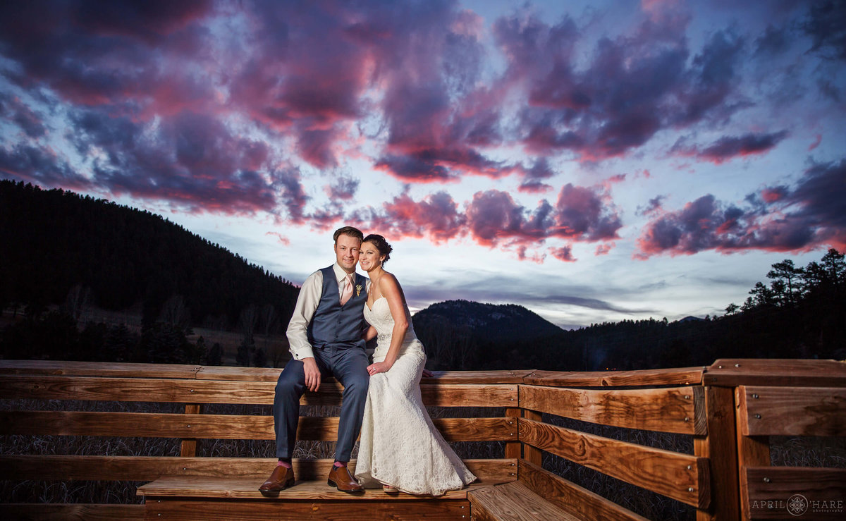Denver Wedding Photographer at Evergreen Lake House Boardwalk at Sunset Wedding Portrait