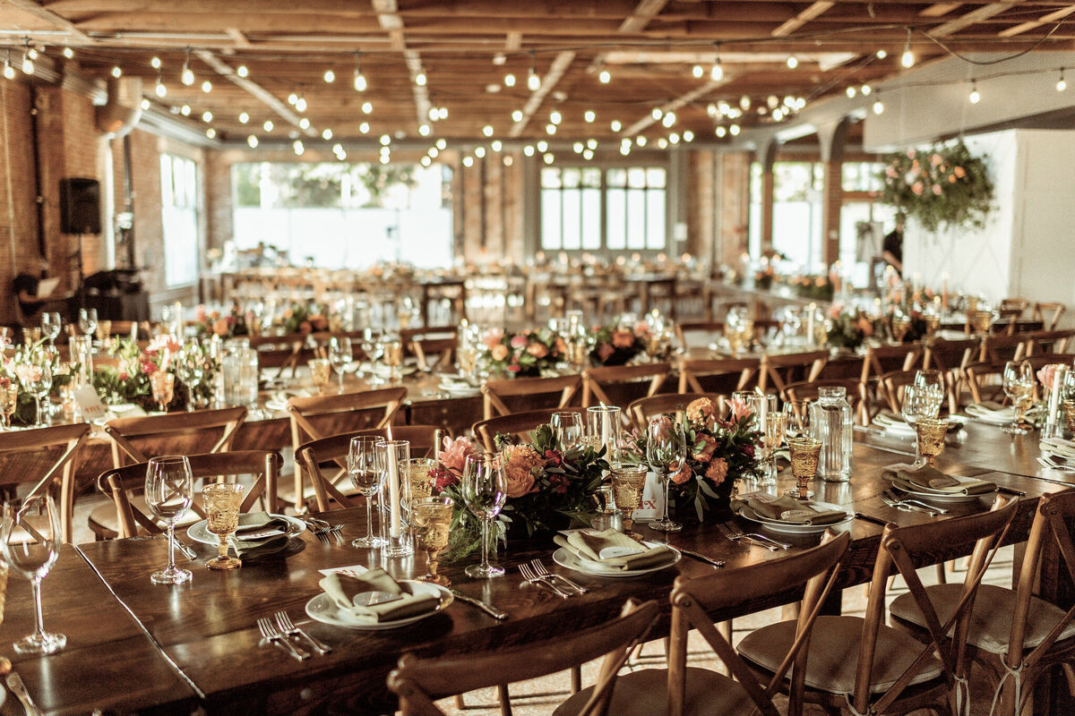 Wedding reception table at St Vrain wedding venue in Longmont, Colorado