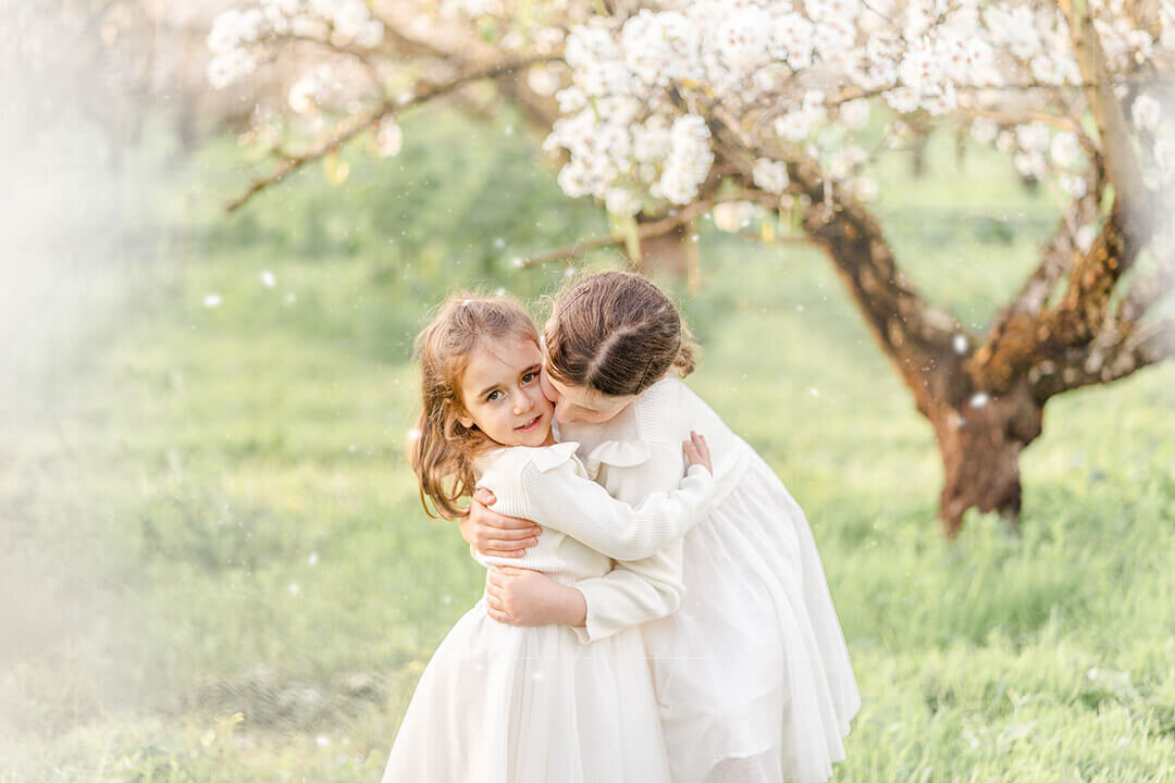 Two sisters hugging under cherry blossom trees in Brisbane having yearly portrait sessions with family.