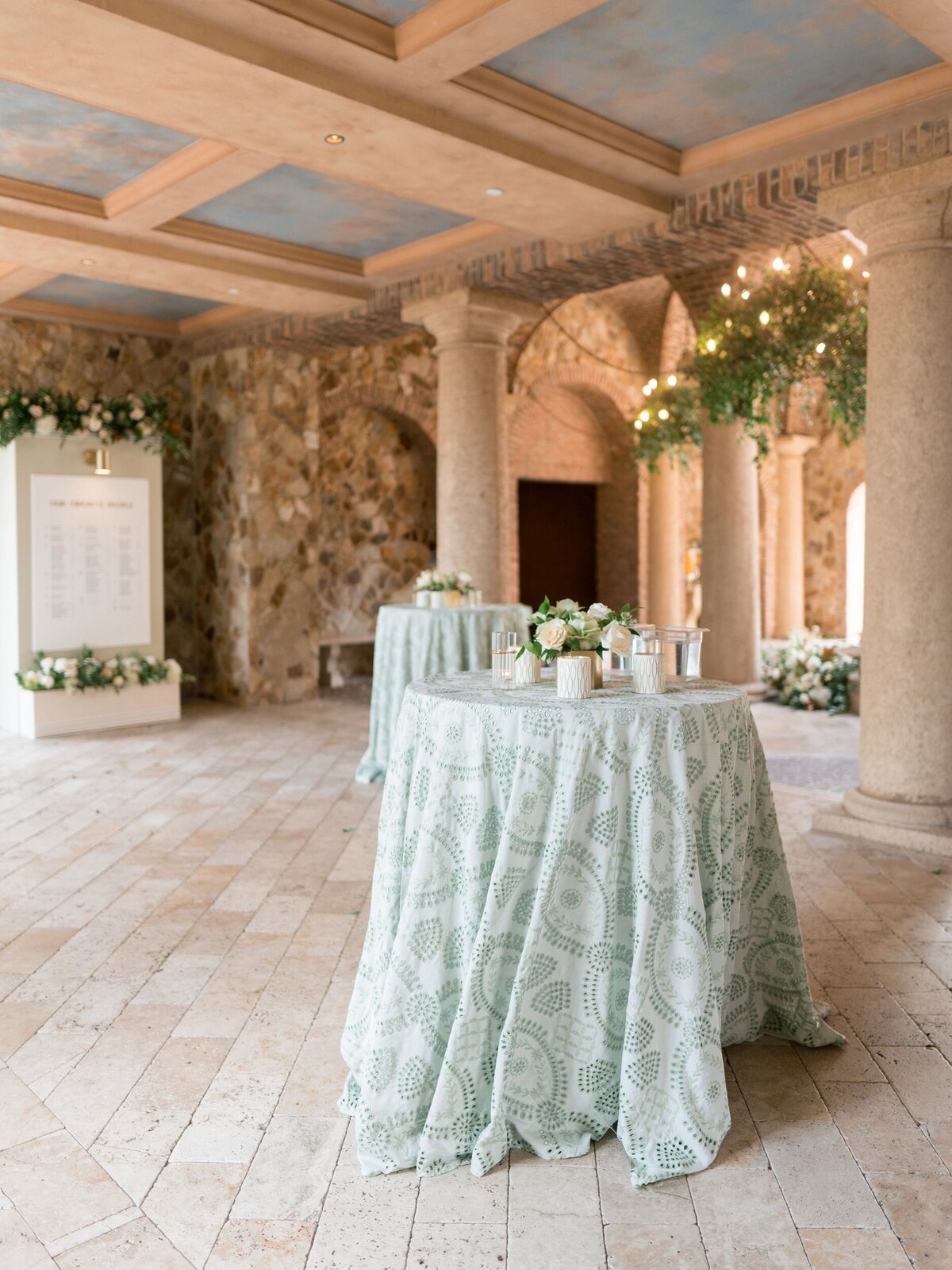 Cocktail hour decor with floral tablecloths