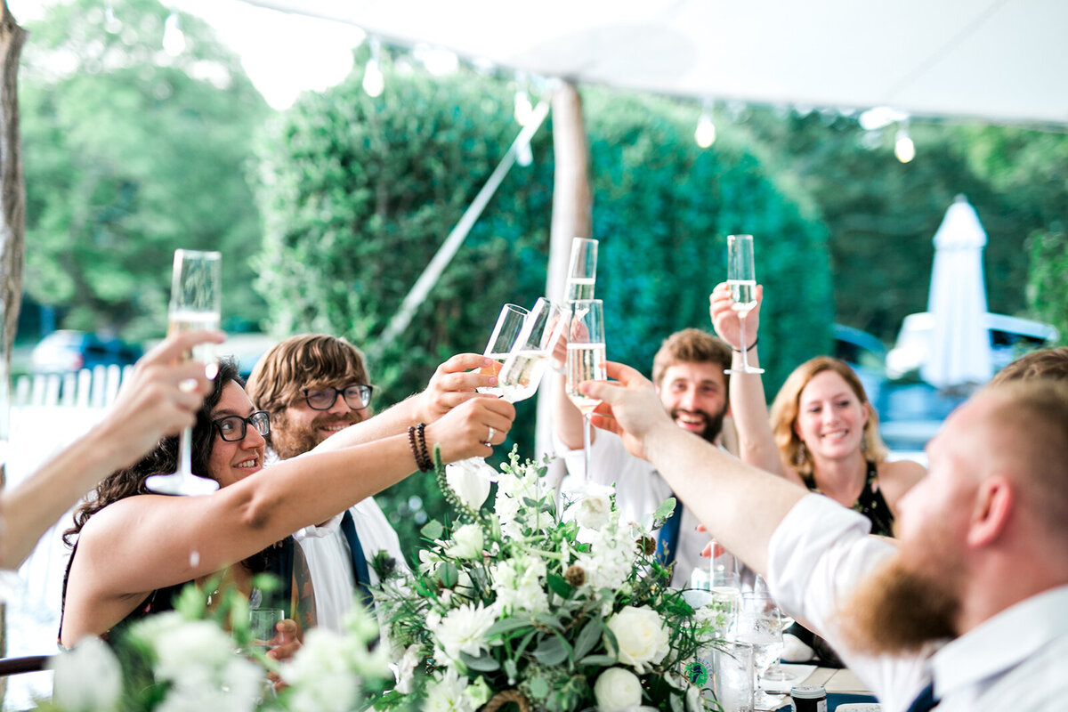 Group cheers wine glasses at wedding reception