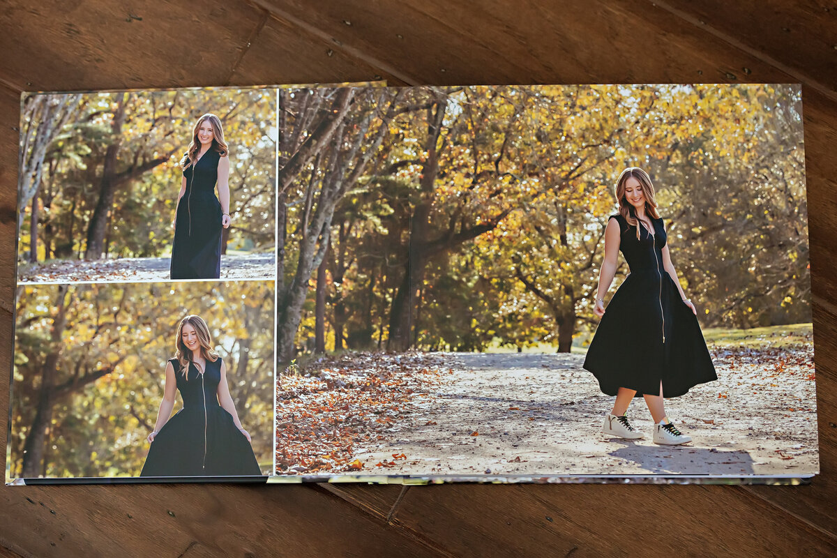 Photo Cover Session Book shown open to a custom-designed two-page spread featuring high school senior portraits, highlighting the layout, print quality, and storytelling design of the product that is printed on silk paper.