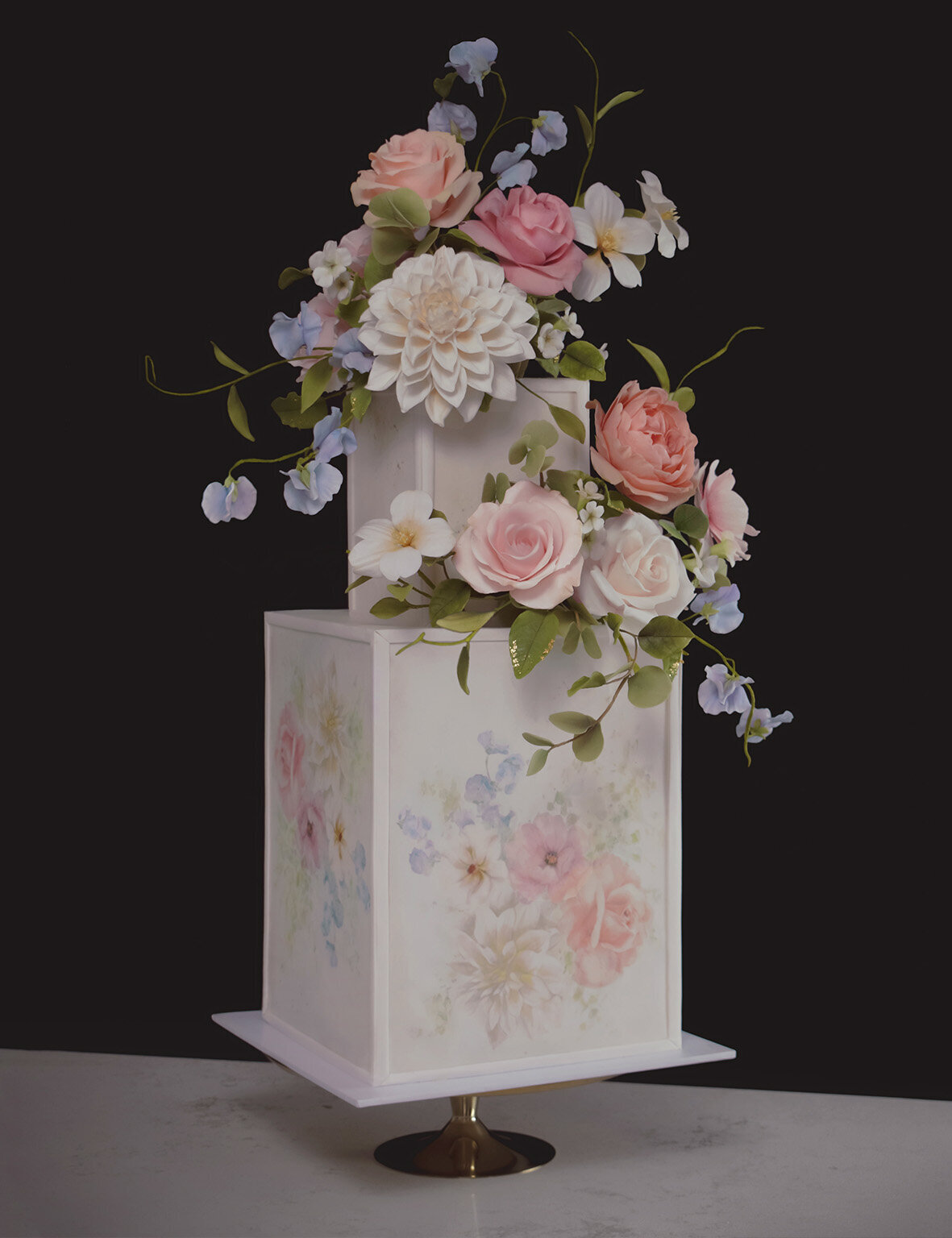 Tall Square Teo Tier Wedding Cake With Spring Pastel Sugar Flowers