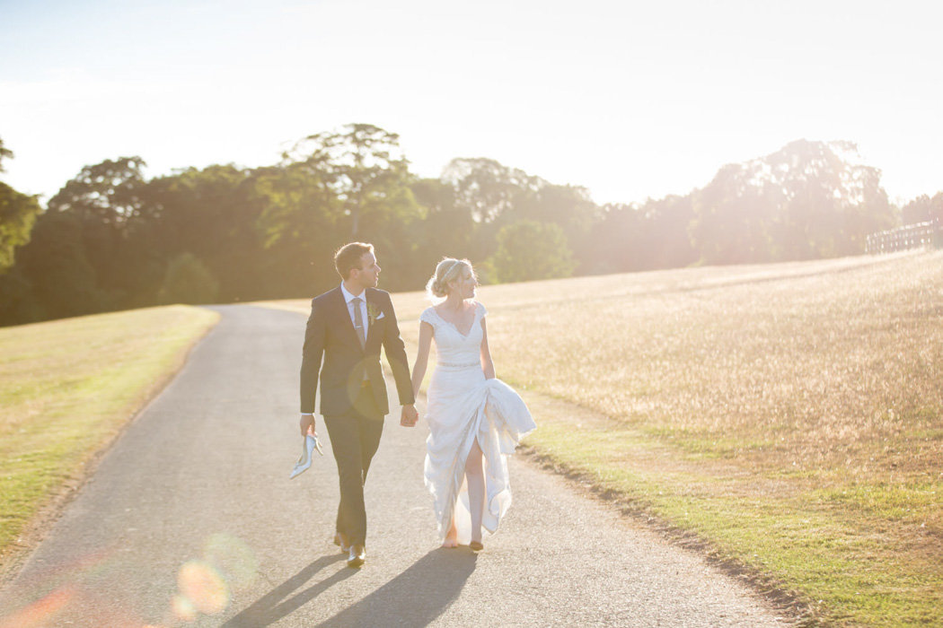 Evening sunlit walk for Bride and Groom at Bridwell Wedding in Devon