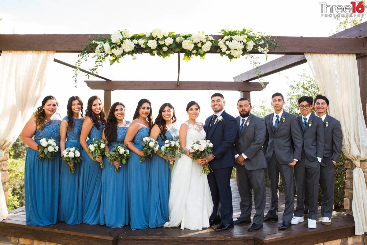 Bridal Party gathered together in beautiful blue dresses and dark suits