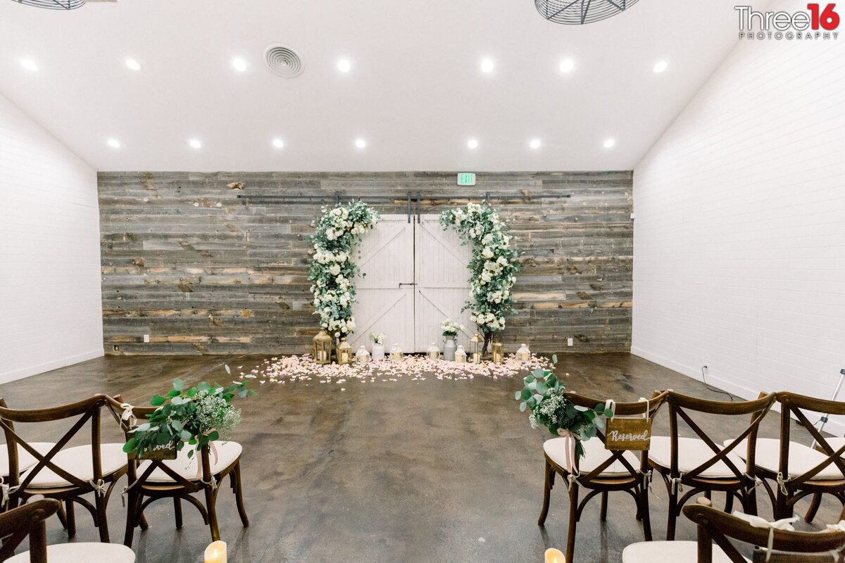 The Vintage Rose indoor wedding ceremony setup located in Orange, CA