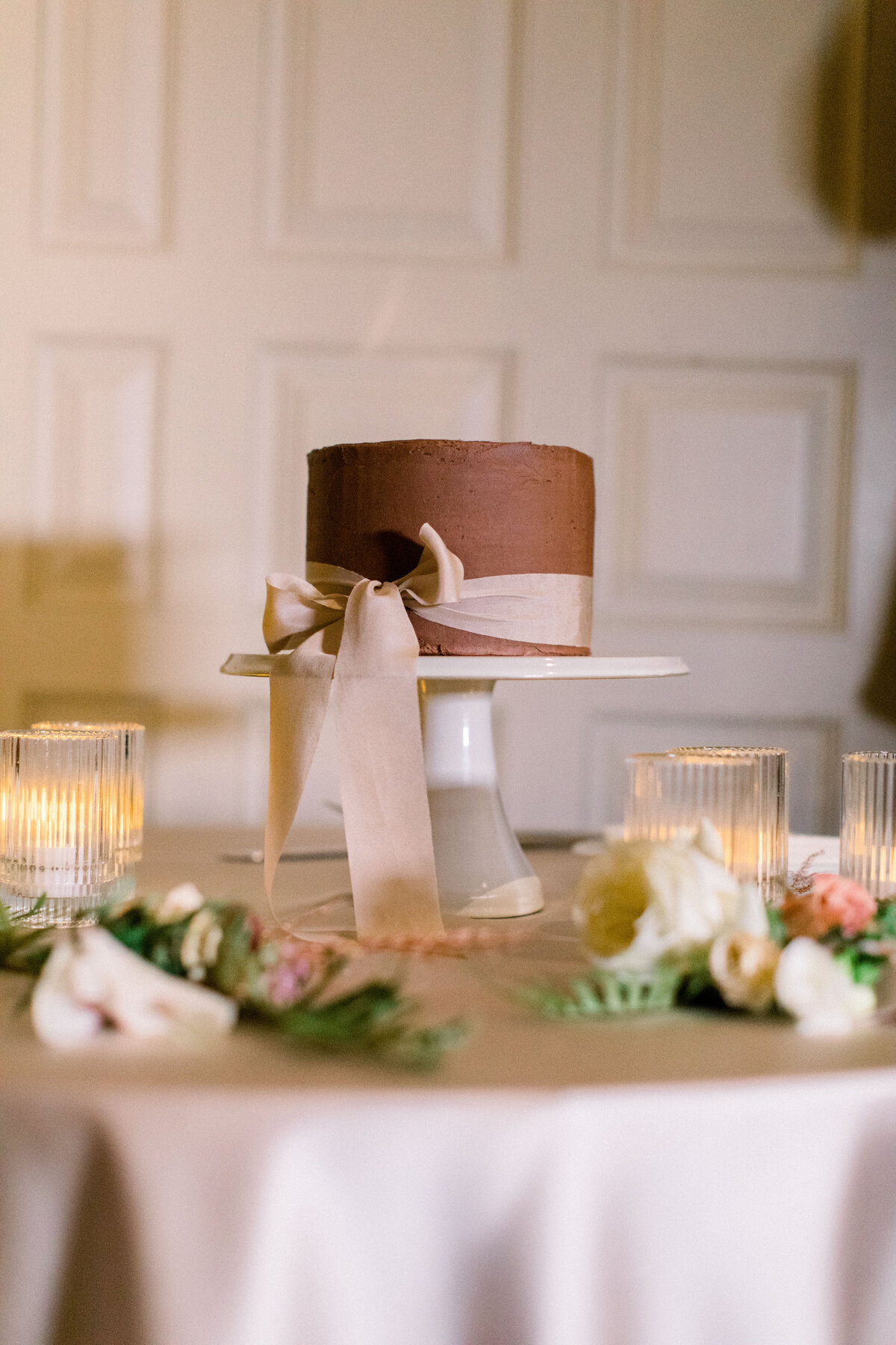 simple brown wedding cake at Lyman Estate wedding