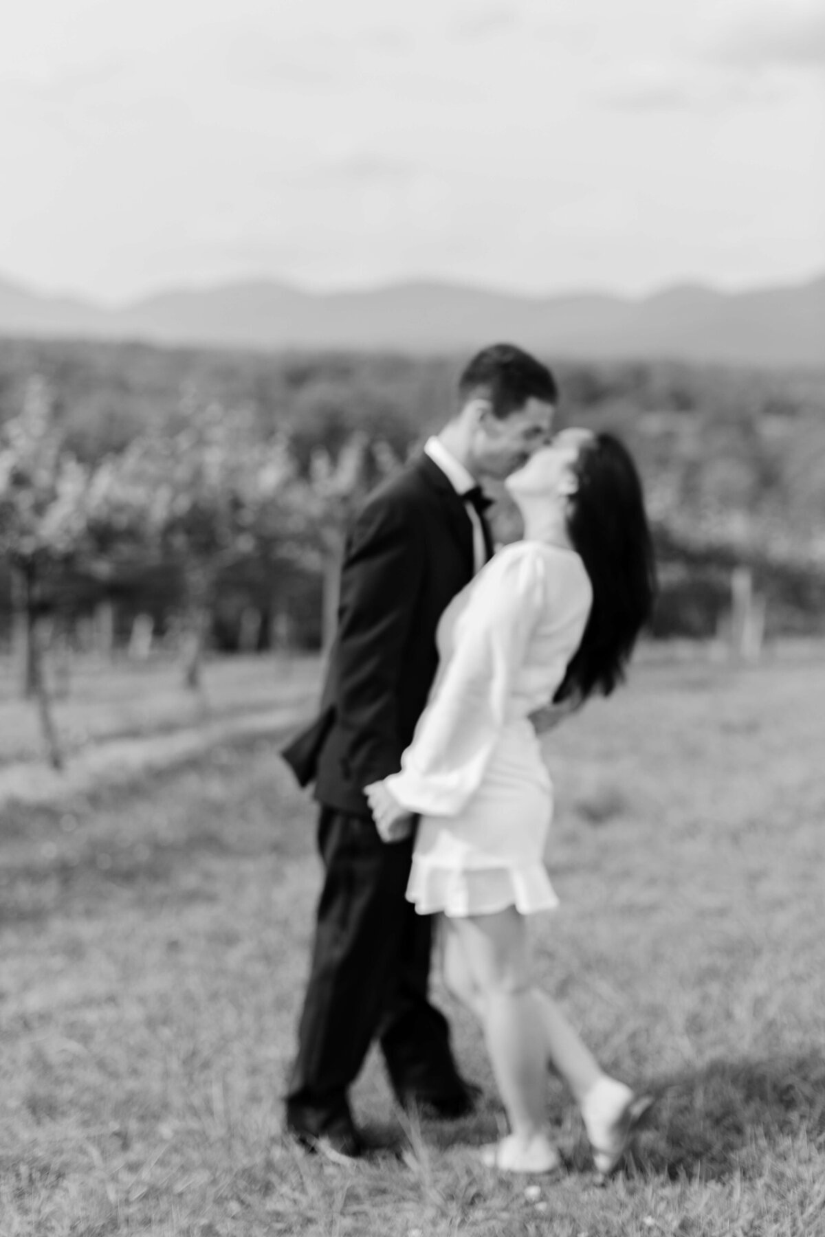 A bride and groom kiss over looking the mountains.