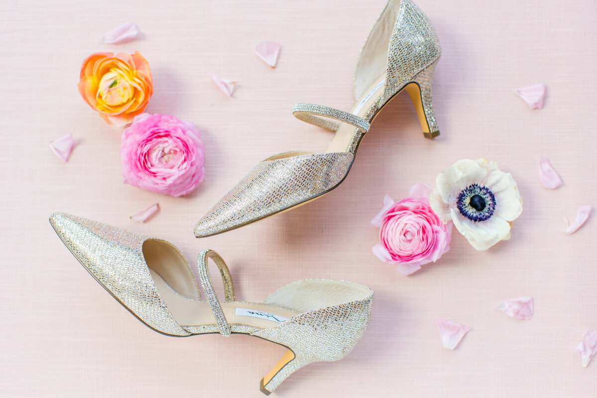silver bridal shoes with pink flowers