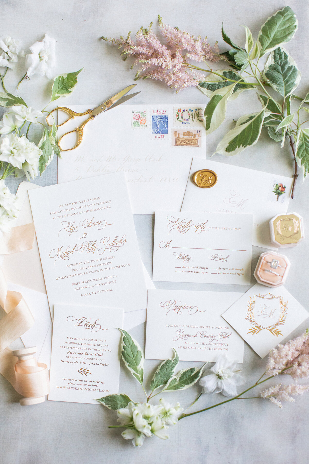 gold foil greenwich wedding invitation