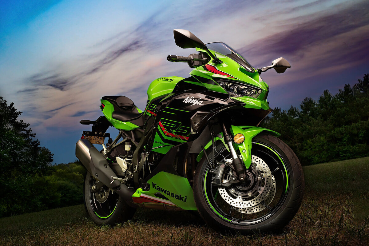 An automotive portrait of an  lime green Kawasaki motorcycle captured in Waukesha, WI using light painting.