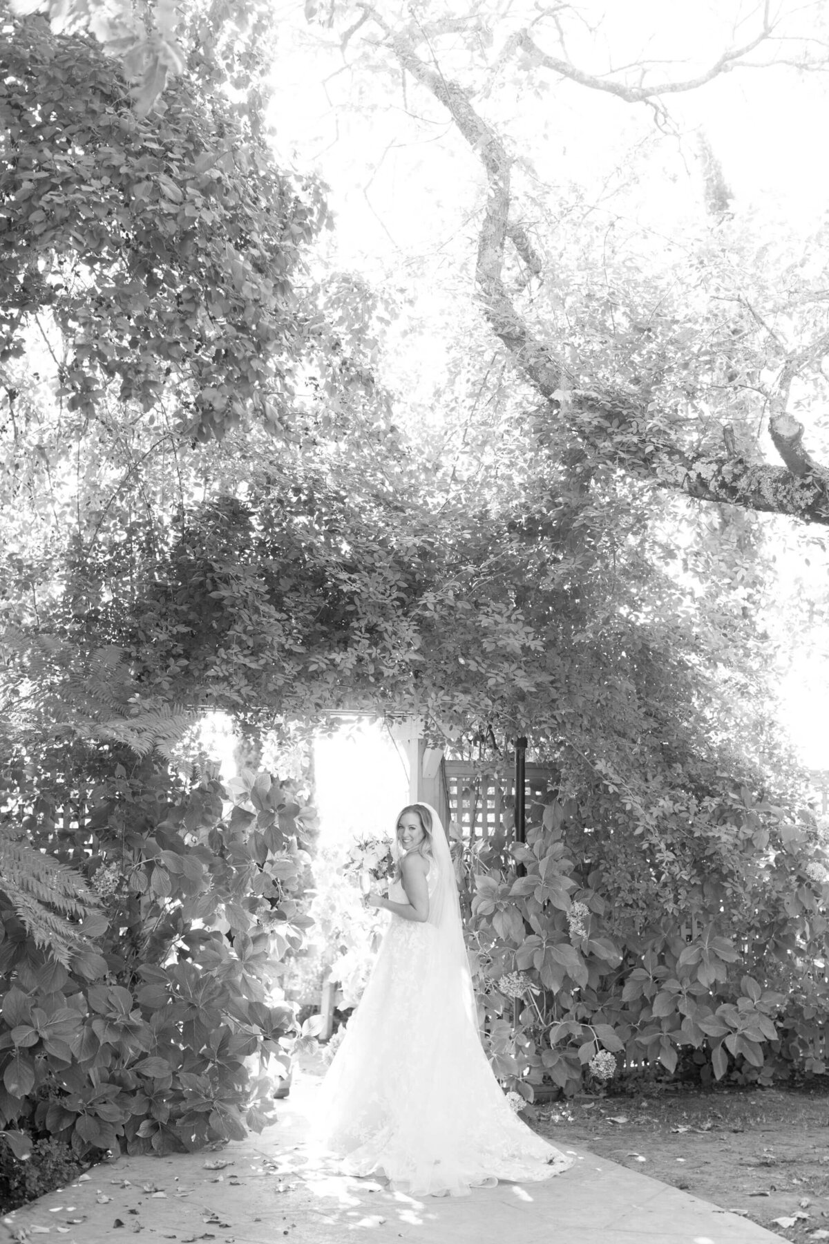 Bride in white wedding attire enters a vineyard wedding venue through a gate adorned with natural plants and leaves.