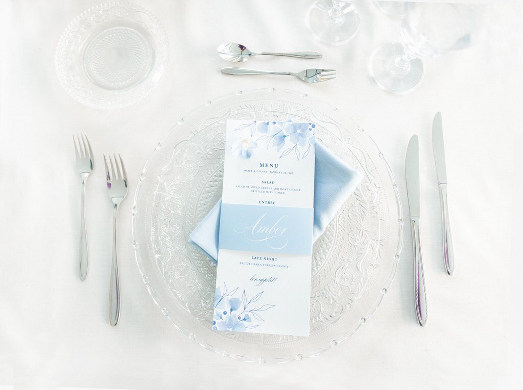 dusty blue wedding table setting with menu cards
