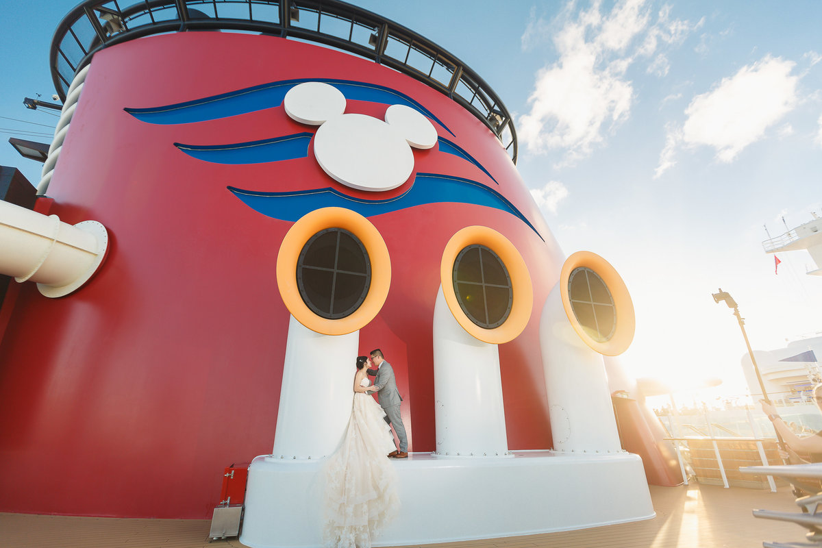 Bride and Groom on Board Disney Cruise Ship at their Nassau Bahamas Wedding Photo Shoot
