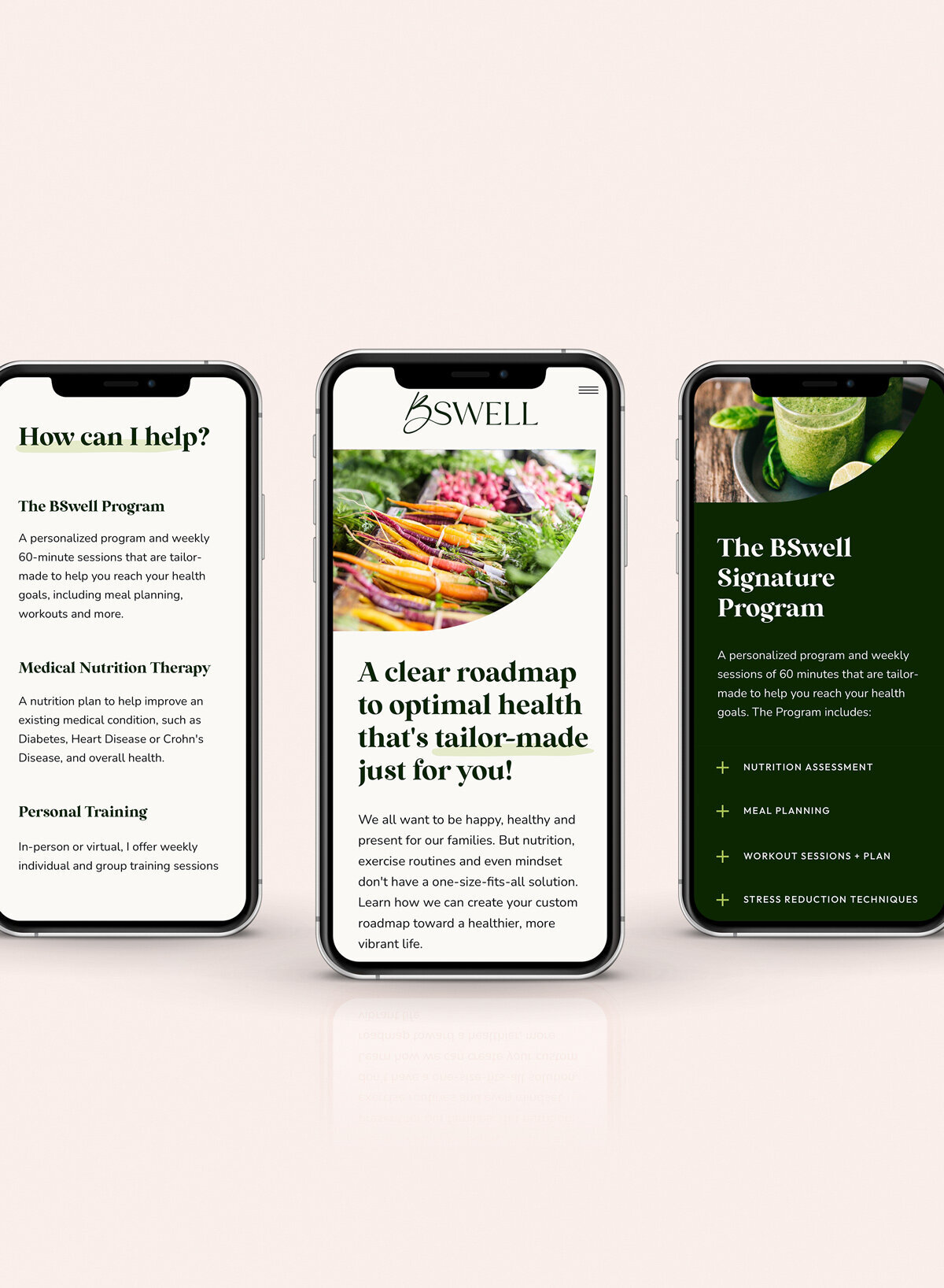 wellness coach website design on three iphones