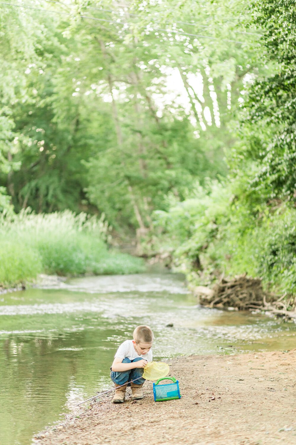 boy catching bugs by the creek