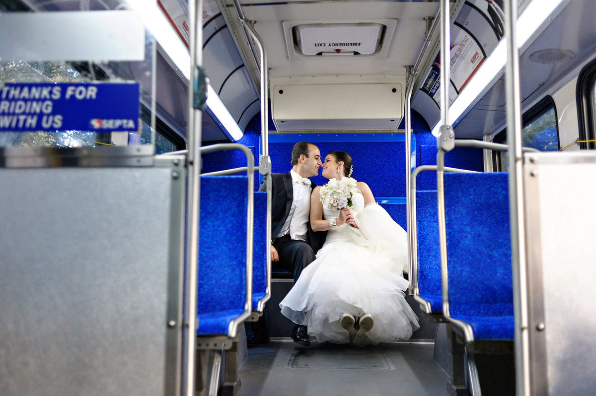 A jewish couple ride the septa bus to their American Jewish History Museum Wedding.