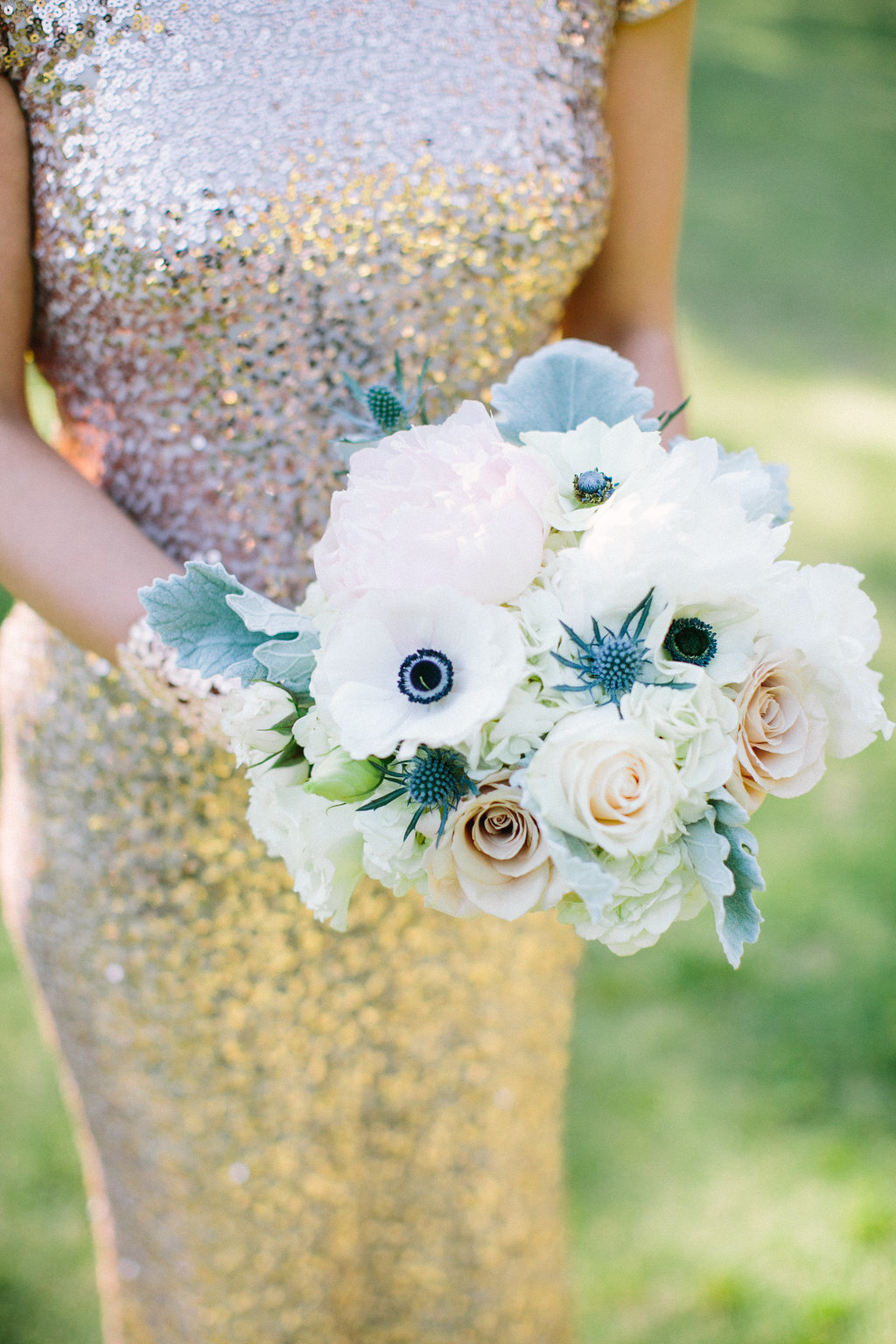 white, peach, gray and blue bouquet