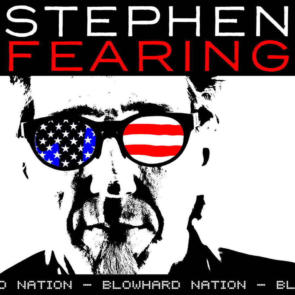 Single Cover Title Blowhard Nation Artist Stephen Fearing black and white graphic image closeup of singer wearing sunglasses with stars and stripes in lenses