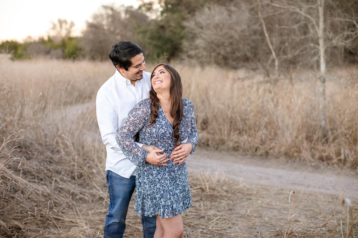 engagement session in fall field in Boerne Texas sunset blue dress wedding photography