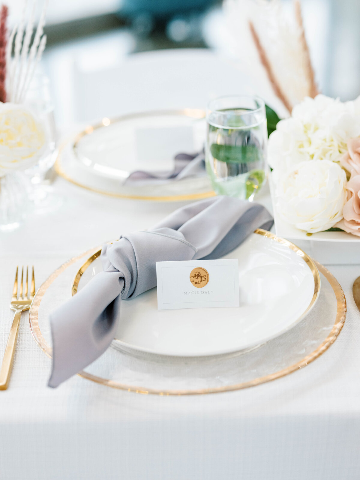 Shaoleen & Collin Reception details- place settings with gold rim charger