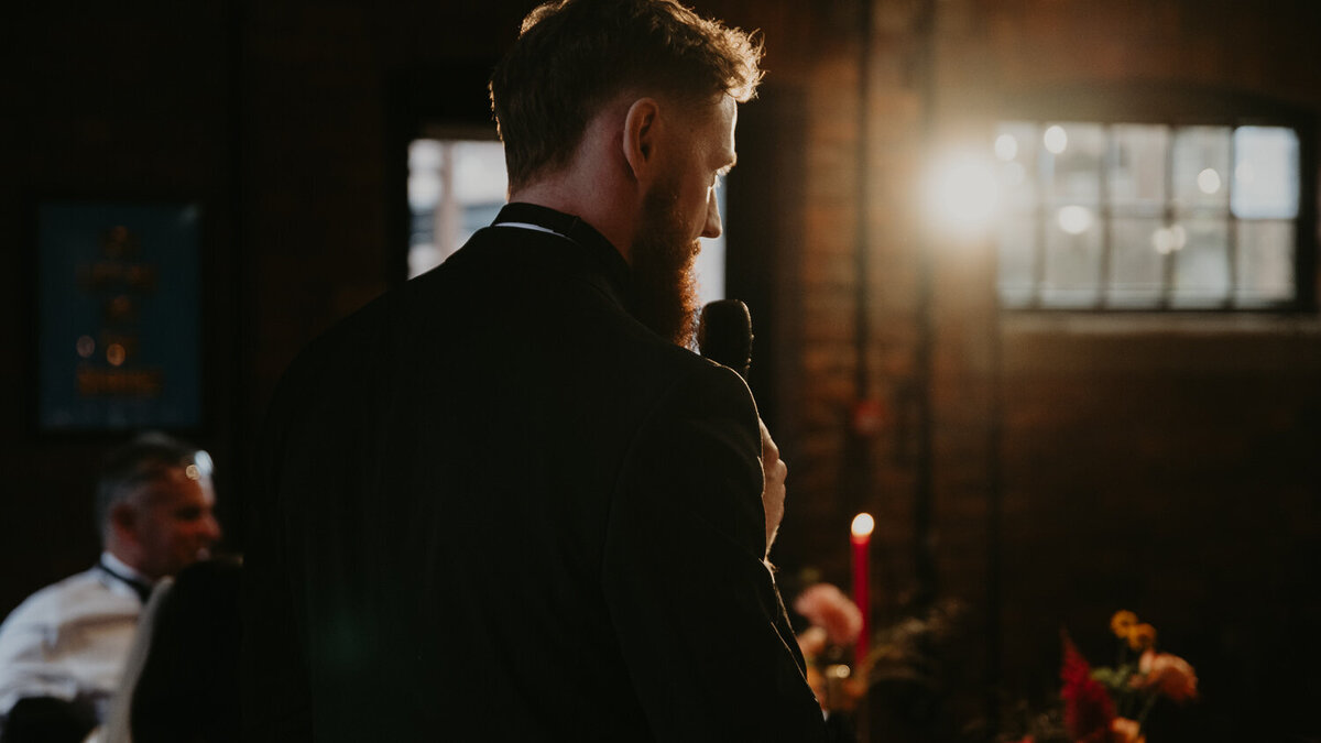 Groom gives a speech at his wedding at The Stables in Manchester.