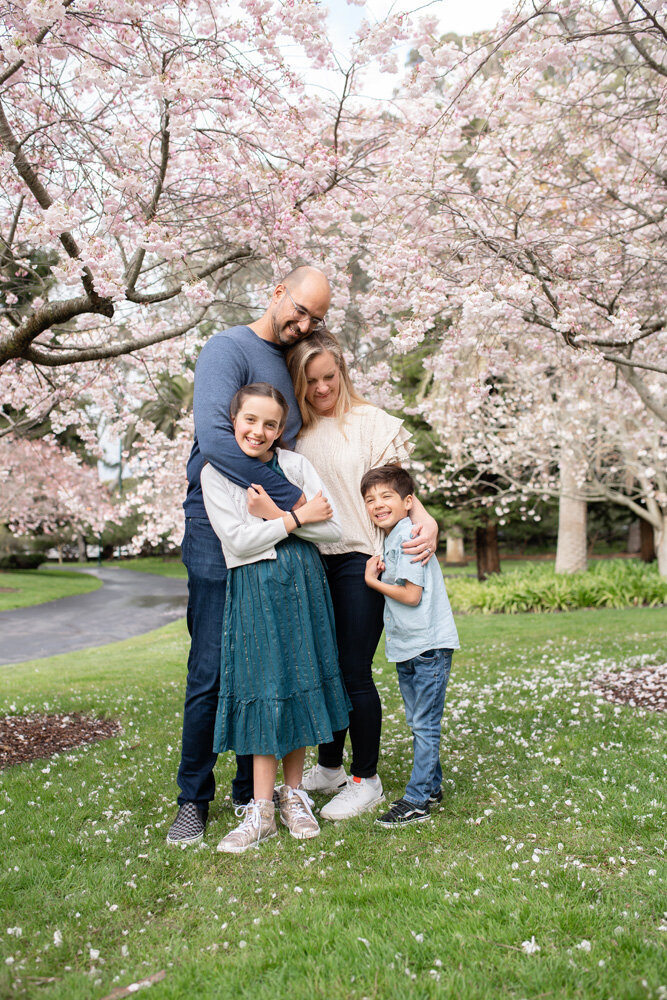 Family session under cherry blossom trees