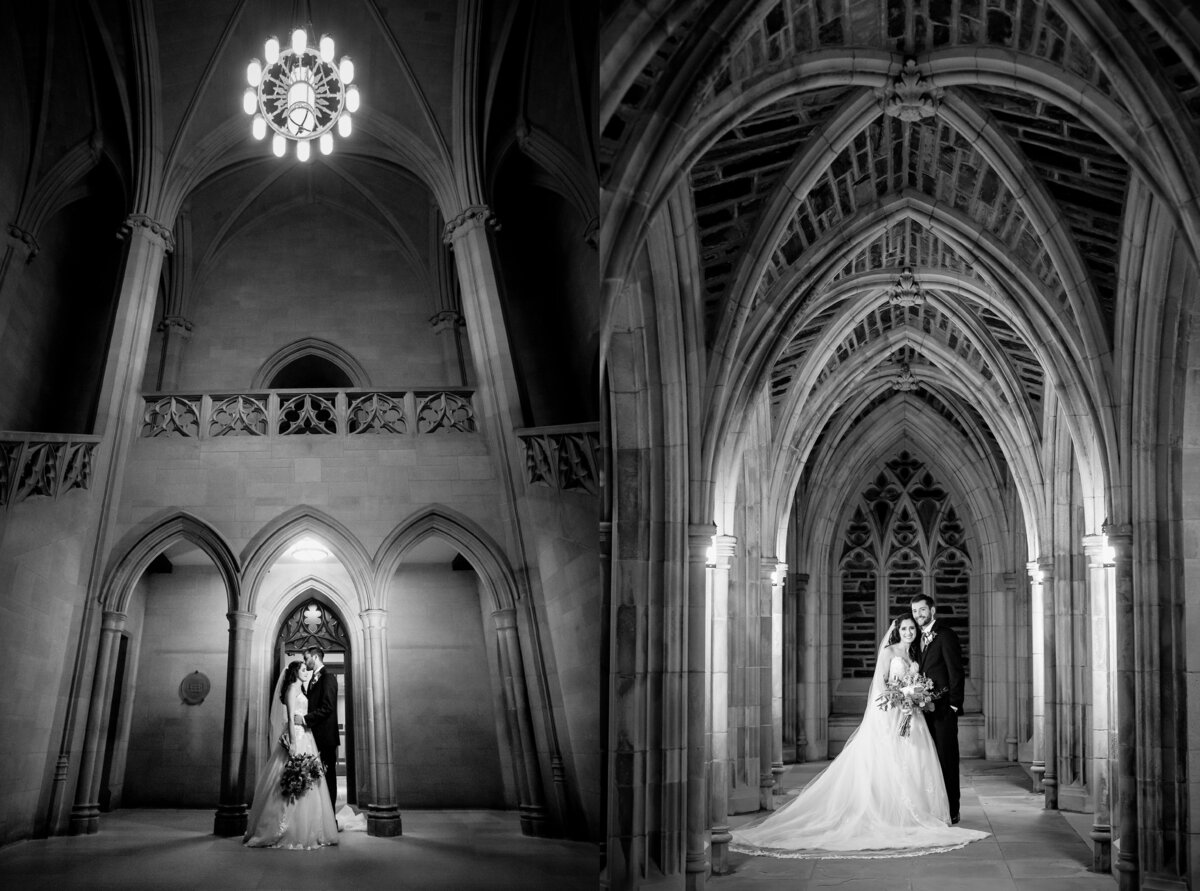 Bride and groom portraits on campus at Duke University