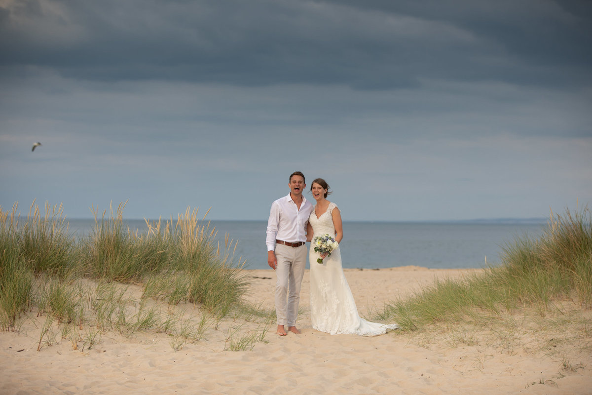 Bride and Groom on the beach at Shell Bay Wedding Dorset_
