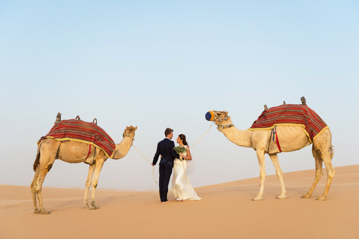 Portrait of the bride and groom with two camels for a photoshoot in Dubai  organized by Lovely & Planned