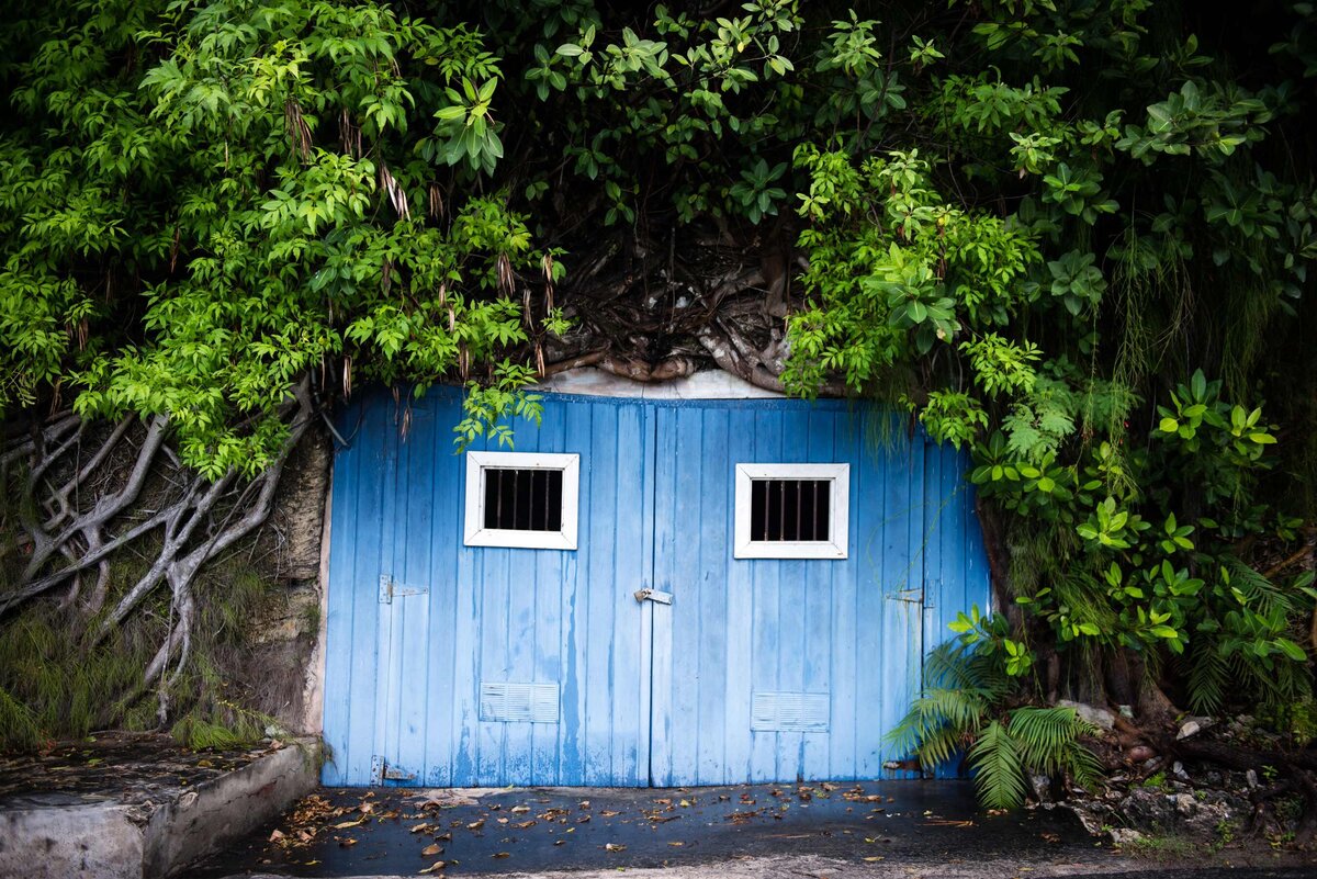 A blue door on Harbour Island in the Caribbean. Island scene for tourism board.
